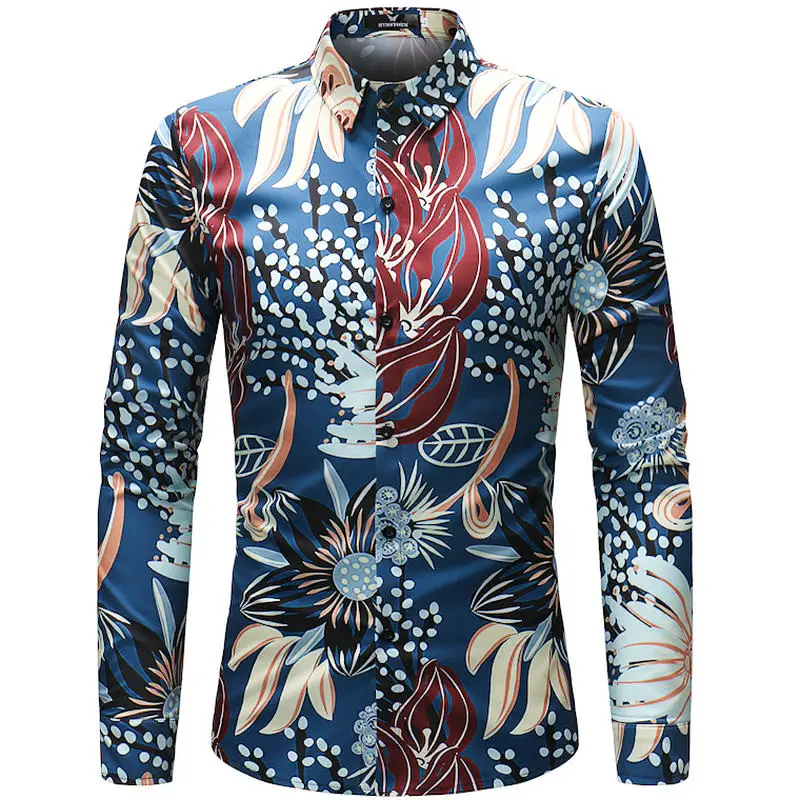 2018 الرجعية الأزهار المطبوعة الرجال اللباس قميص رجل عارضة الأزياء الكلاسيكية تنفس الرجال طويلة الأكمام ماركة الملابس
