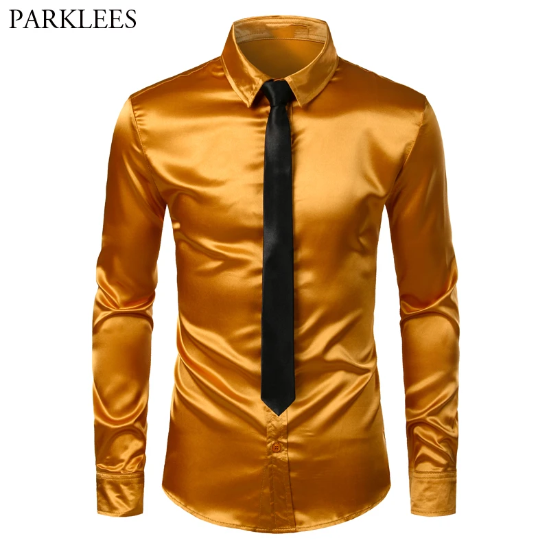 Camisas de vestir para hombre, camisa de satén de dorada (camisa + corbata), de marca, ajustada, con botones, para fiesta de boda y graduación, talla 3XL, 2 informales| - AliExpress