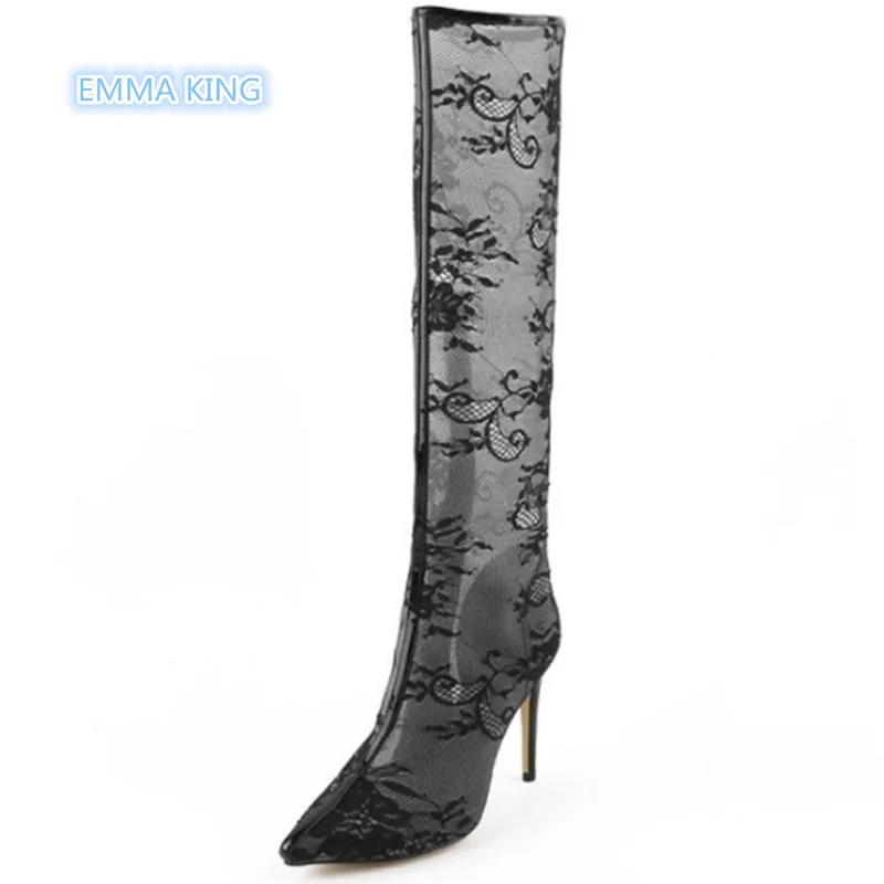 

Spring And Summer Black Sexy Lace Knee High Boots Women Stilettos Slim Breathable Mesh Sandalias Mujer Pointed Toe Ladies Shoes