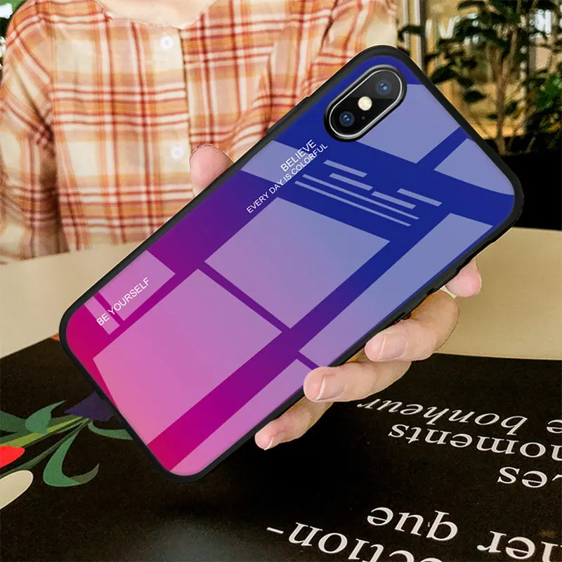 Luxury Gradient Phone Case On For iPhone 6 6S 7 8 Plus Coque Tempered Glass Cover Case For Apple iPhone X XR XS MAX i Phone 6 6S
