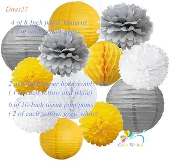 

12pcs Mixed Yellow Grey White Tissue Paper Pom Pom Garland Hanging Paper Balls Christening Neutral Baby Shower Hanging Honeycomb
