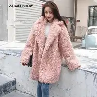 Vintage Curly Circle Hairy Shaggy Faux Sheep Fur Long Coat 2018 New Winter Notched Collar Keep Warm Loose Long Jacket Outwear