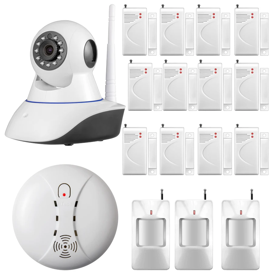 720P IP Camera WiFi Alarm System for Home Villa Burglar Fire Smoke Security Sensors Detector