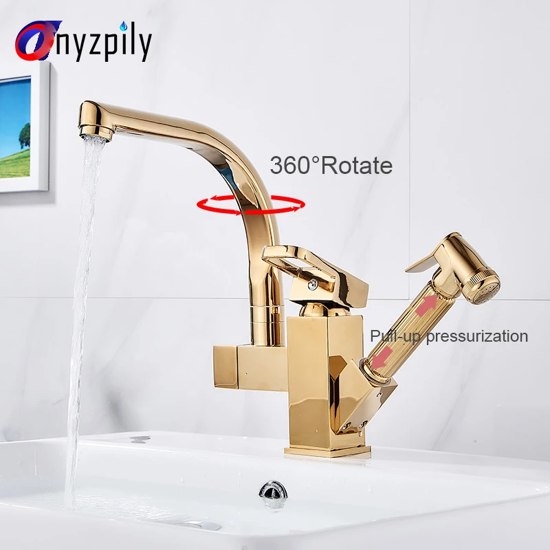 

Onyzpily Kitchen Faucet Pull Out Spray Kitchen Golden Black Chrome Sink Faucet 360 Rotation Spout Single Handle Mixer Tap Sink F