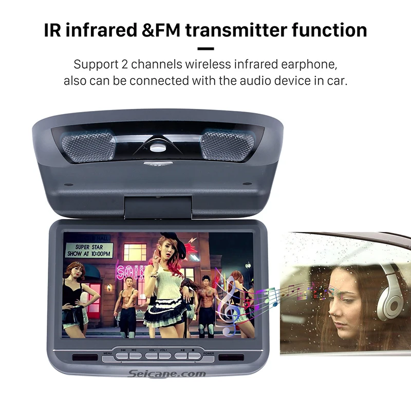 Seicane 800x480 ЖК-экран для установки на крыше автомобиля 9 дюймов TFT DVD плеер IR& FM передатчик флип вниз Поддержка 32 бит игры USB SD