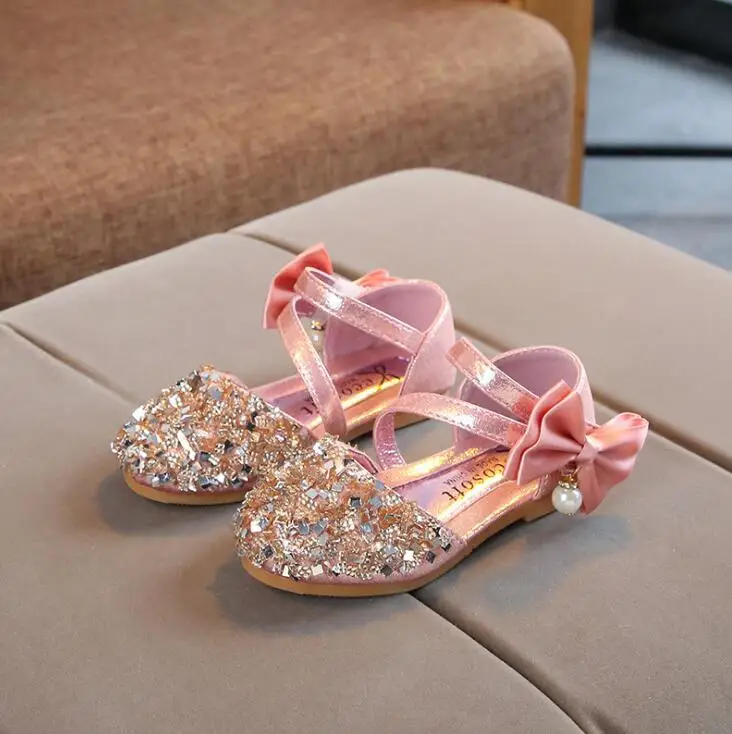 Лидер продаж; сандалии для девочек; модная Корейская обувь с блестками для девочек; детская обувь для танцев с бантом; обувь на плоской подошве для девочек; серебряное Золотое розовое - Цвет: photo color