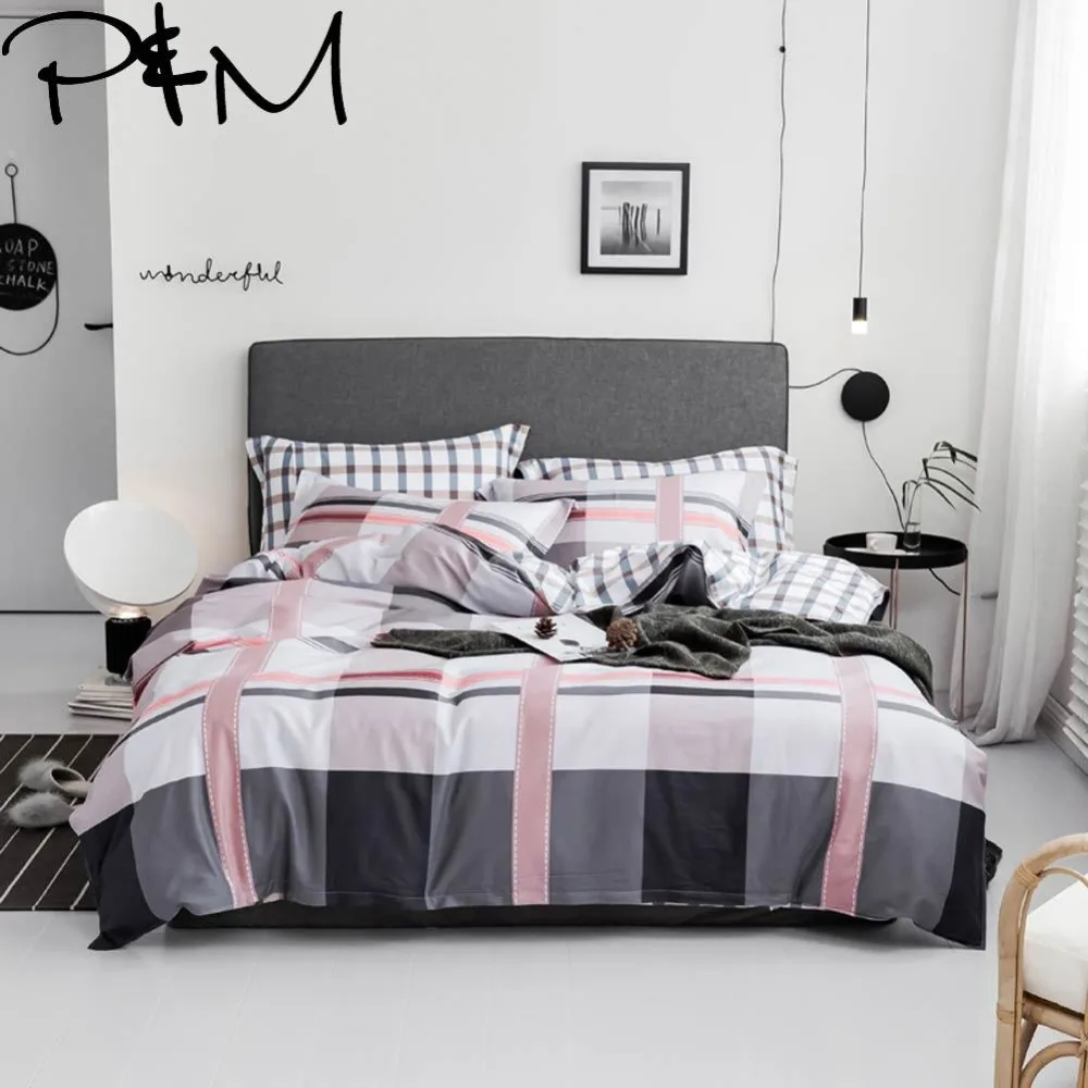 

PAPA&MIMA Modern style Striped lattice print bedding sets cotton Twin Single Queen Size duvet cover bedsheet pillowcases