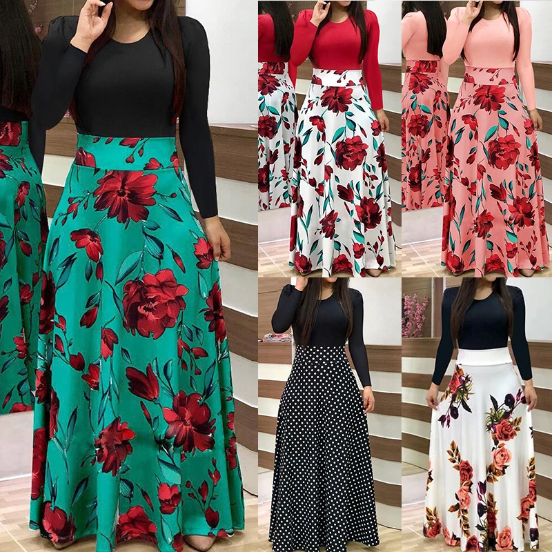 Women Long Sleeve Boho Polk Dot Maxi Dress New Fashion Floral Print Evening Party Dresses Women's Dresses Female Casual Vestidos