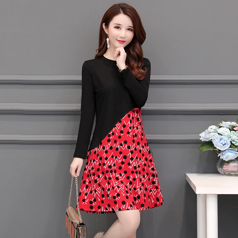 Formal Dress Women Elegant for Work Plus Size 5XL Long Sleeve Floral Patchwork Mom Vintage Women Dresses Knee Length 2019 Robe4