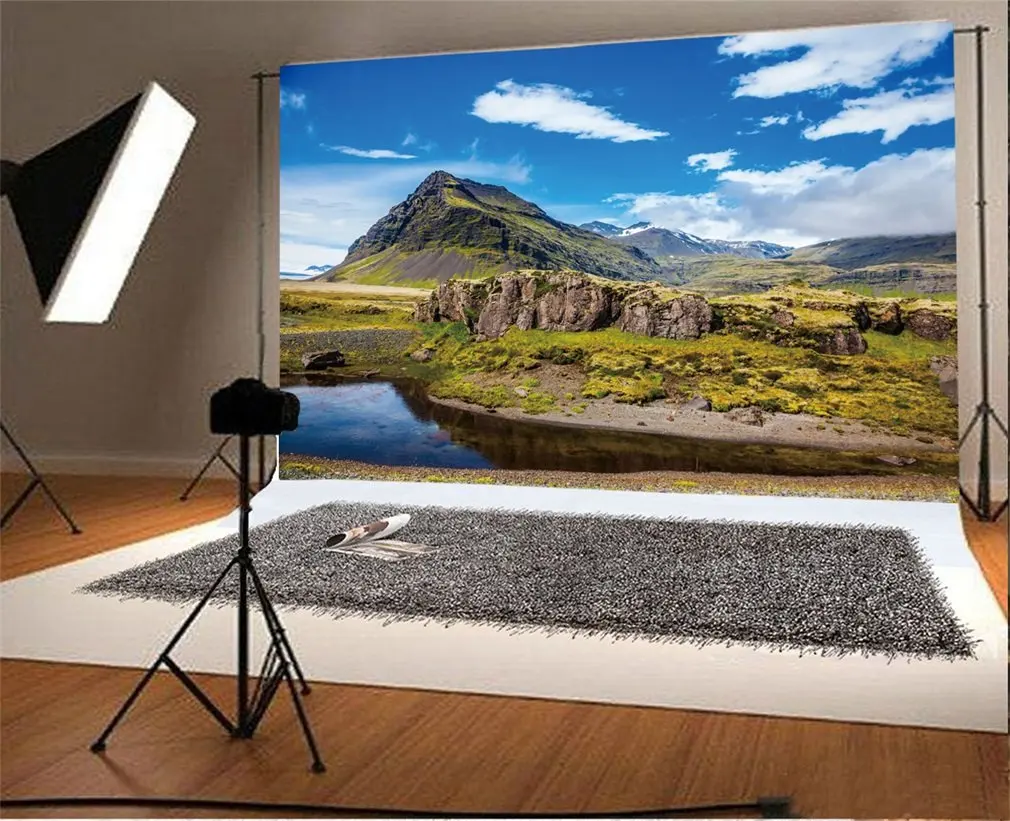 

Photography Backdrop Nature Landscape Mountain Blue Sky White Cloud Green Grass Swag Tundra Travel Photo Background
