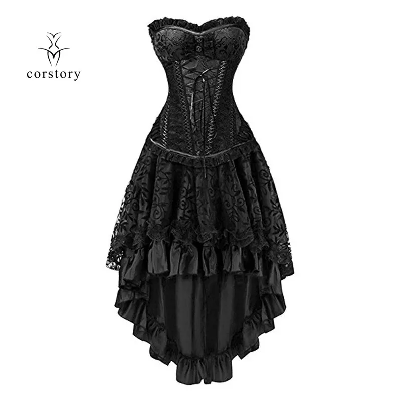 

Corstory Showgirl's Vintage Black Gothic Costume Set Brocade Corset & Lace Ruffle Skirt For Halloween Masquerade Party Clubwears