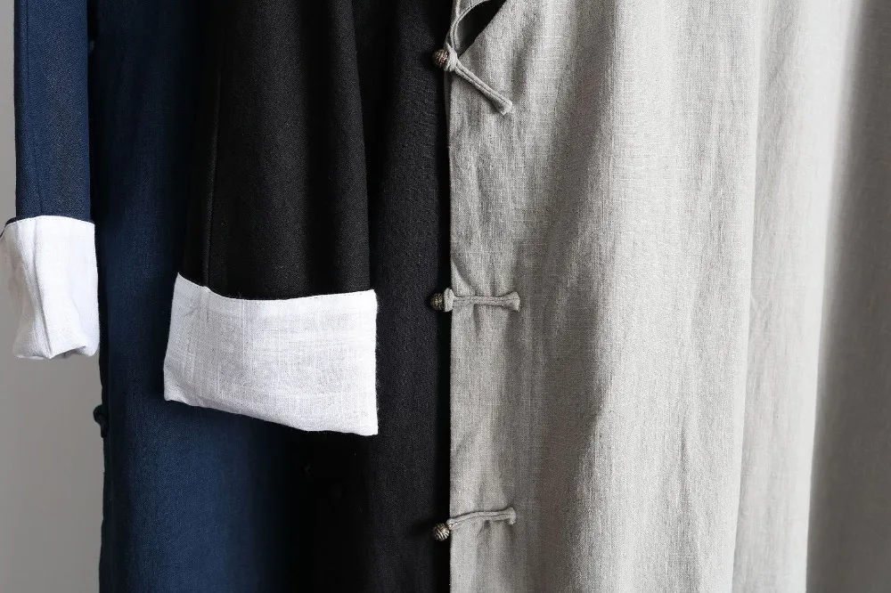 LZJN Chinese Men Classic Master Clothing X-Long Linen Trench Robe Gown Coat Two Side Slit Kung Fu Tai Chi Traditional Outfit (34)