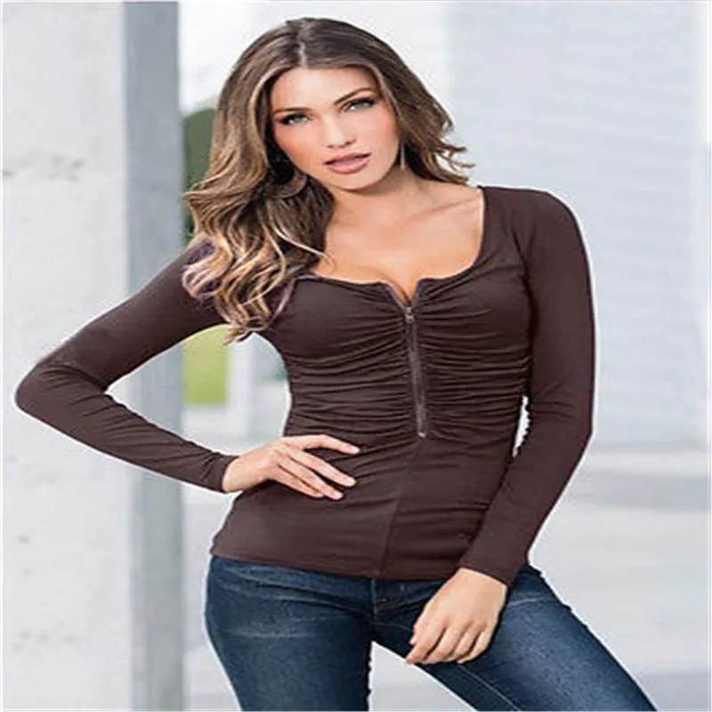 Fashion Sexy Women Slim Long Sleeve Zipper Casual Shirt Tops T shirt