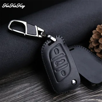 

Black Leather Car Key Protective Cover with Car Key Ring Holder For Peugeot 107 307 407 308 607 Car Interior Accessories