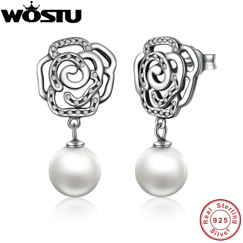 

2017 Authentic 925 Sterling Silver Rose Flower Drop Earrings With Clear CZ & Imitation Pearl For Women Luxury Jewelry CQE001