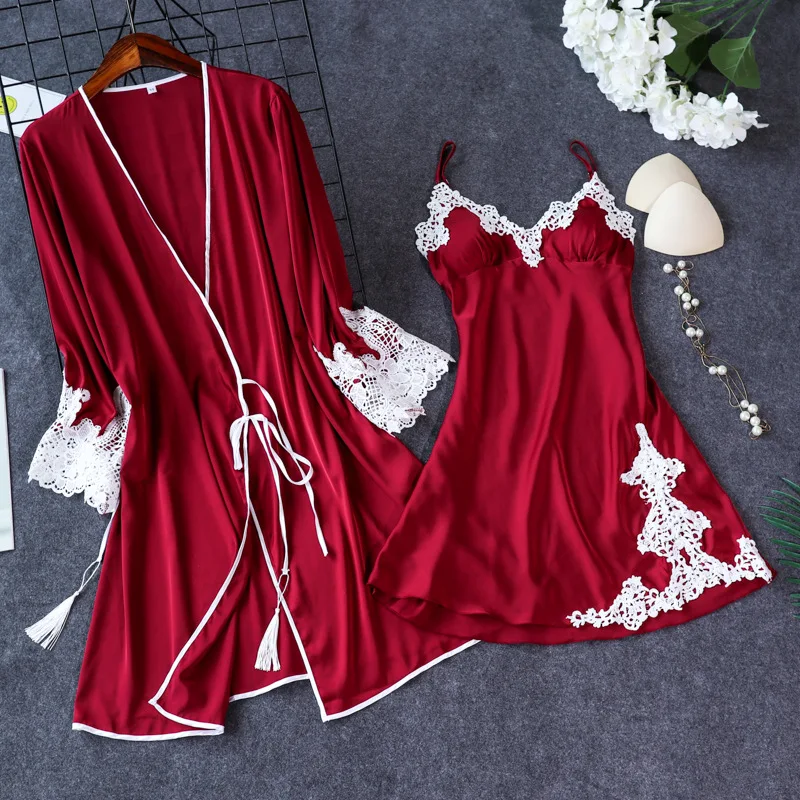 

Women Sleepwear Sleep Lounge Sexy Femme Robe Gown Set Nightdress with Chest Pads 2019 Indoor Clothing Ladies Nightwear Bathrobe