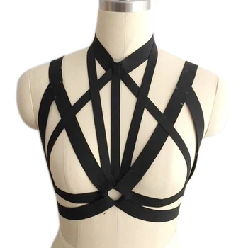 

Womens Fashion Sexy Body Harness Bondage Lingerie Black Elastic Adjust Size Strappy Tops Open Cage Chest Pastel Goth Fetish bra
