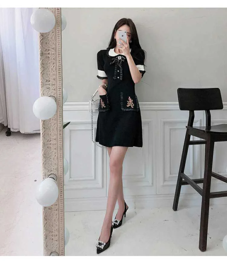 Trytree Autumn Winter Women Dress Casual Peter pan Collar Bow Embroidery Pocket Shirt Dresses Knitting Black Straight Mini Dress