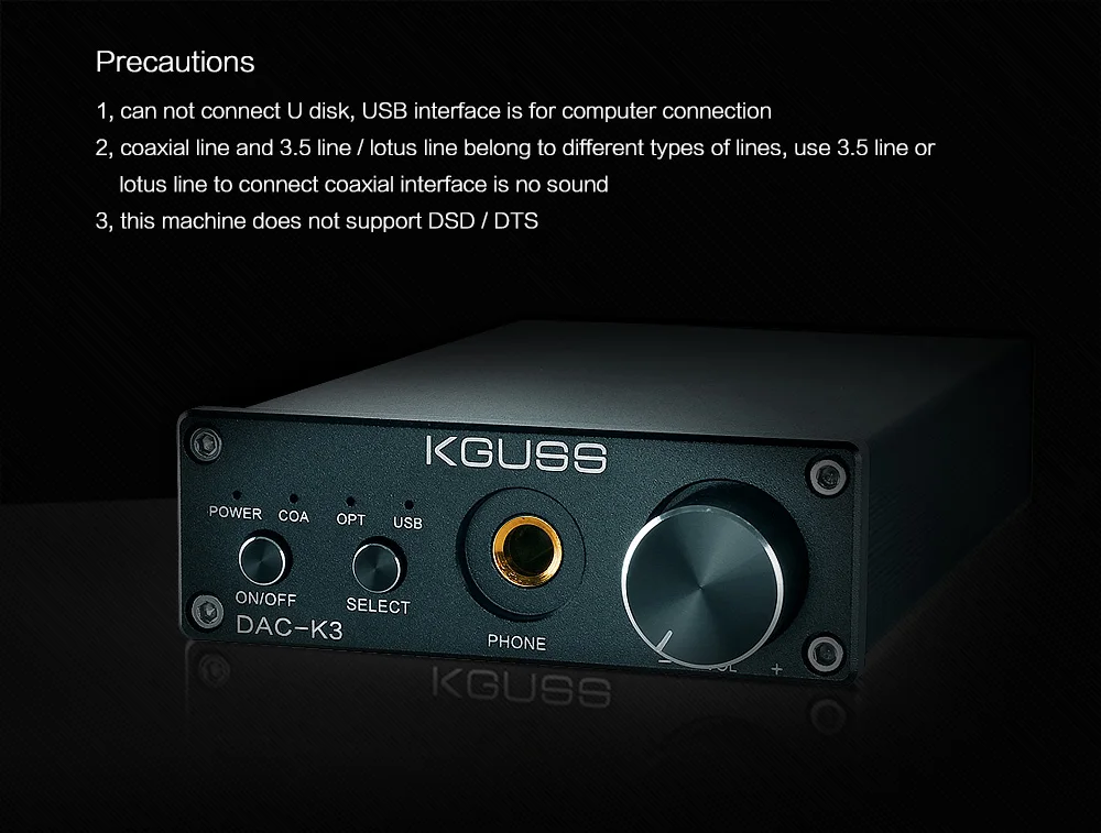 KGUSS DAC-K3 мини HiFi 2,0 цифровой аудио декодер DAC вход USB/коаксиальный/оптический выход RCA/усилитель для наушников 24 бит/96 кГц DC12V