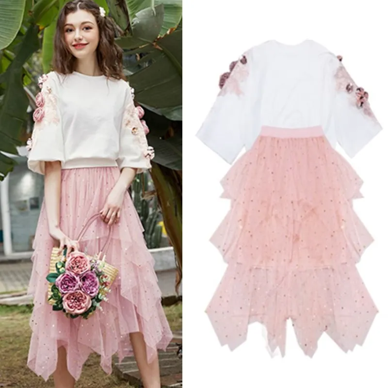 

High Quality Clothing Set Women Luxury Floral Appliques Blouse Tops + Long Mesh Stars Party Bohemian Skirts Suits Set NS299