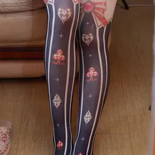 Милые колготки принцессы в стиле Лолиты с рыбками; оригинальные колготки с принтом в покерном стиле; колготки в Вертикальную Полоску с принтом Алисы и бантом; LKW10