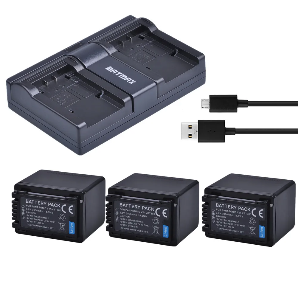 Batmax 3Pcs Vw-Vbt380 Vbt380 Vw-Vbt190 Battery + Usb Caricatore Doppio Per Panasonic Hc-V800Gk Hc-V110, Hc-V130, Hc-V160, Hc-V180, Hc-V201,