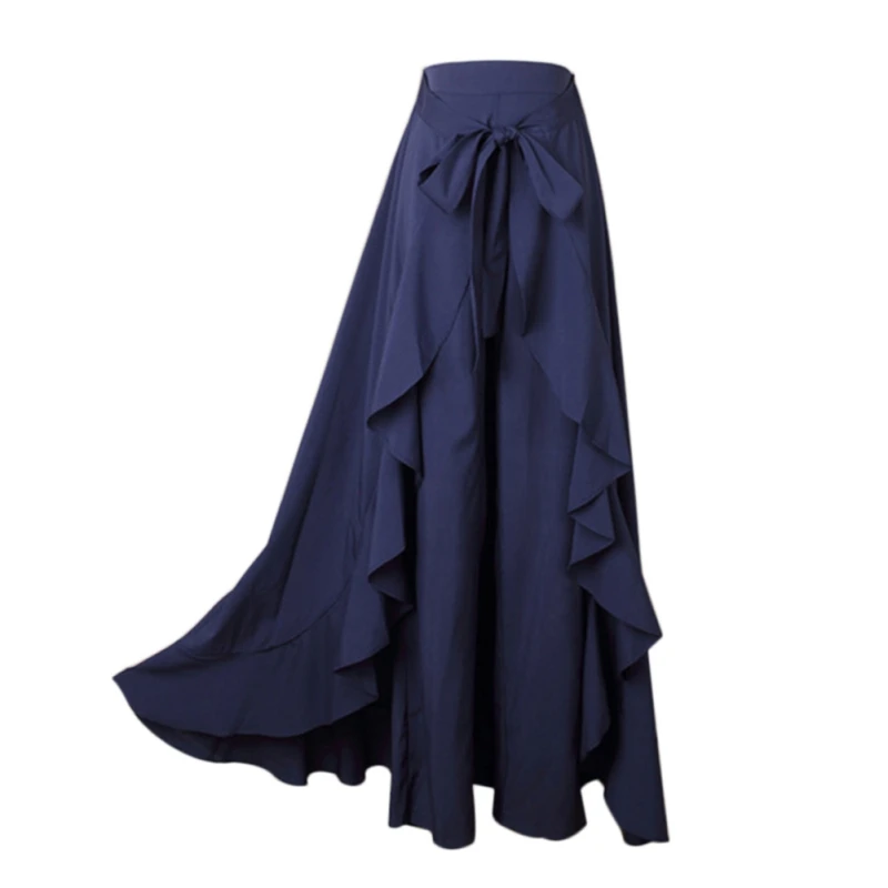 Юбки с запахом Женские повседневные темно-синие шифоновые свободные юбки с завязками на талии и рюшами - Цвет: Синий