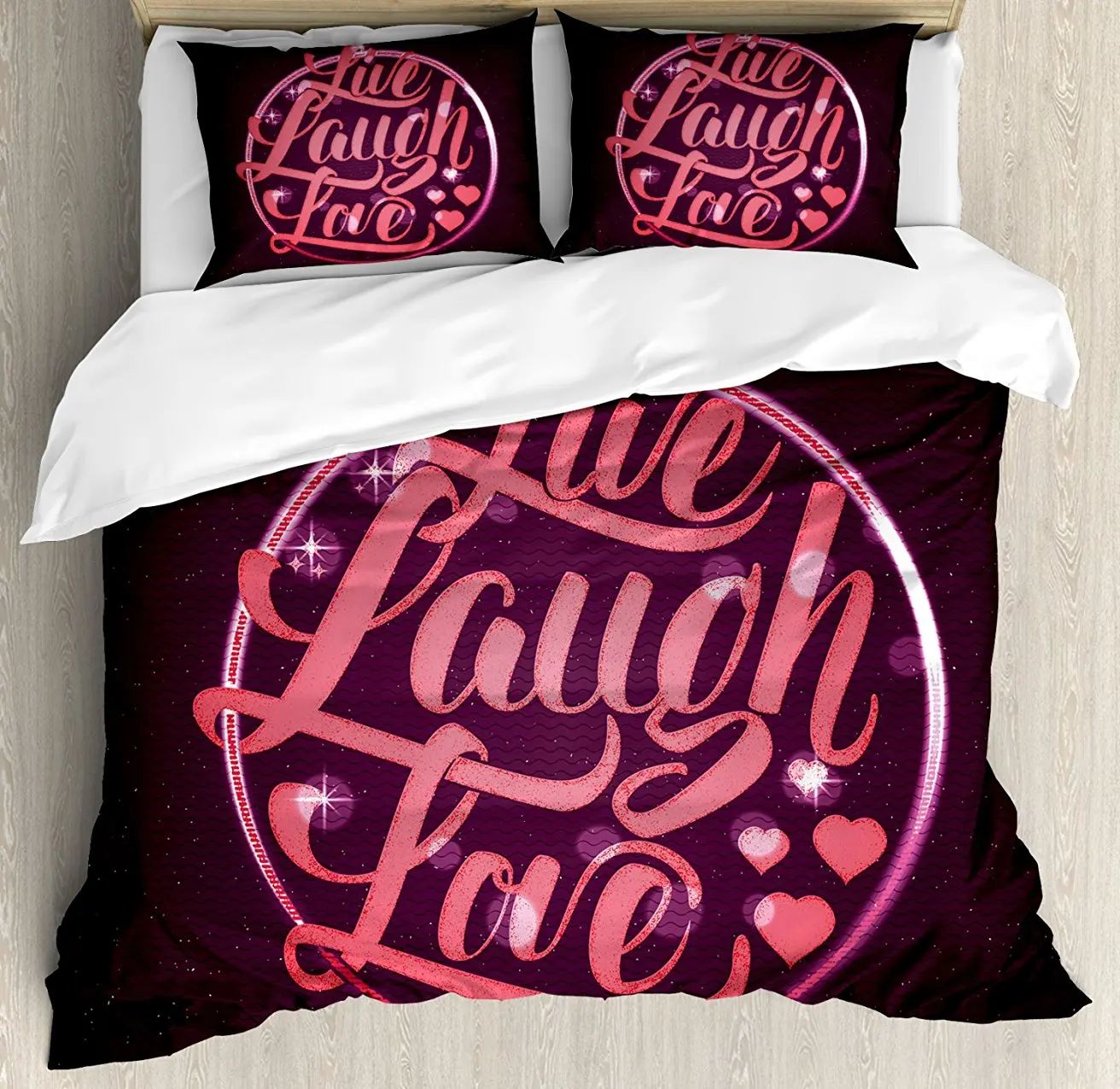 

Live Laugh Love Duvet Cover Set Hearts and Bokeh Background with Positive Drive Boosting Quote Decorative 4 Piece Bedding Set