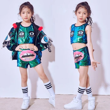 

120-160CM Children Jazz Dance Costume Boys Girls Street Dance Performance Wear Green Sequins Modern Kids Child Hip Hop Clothes
