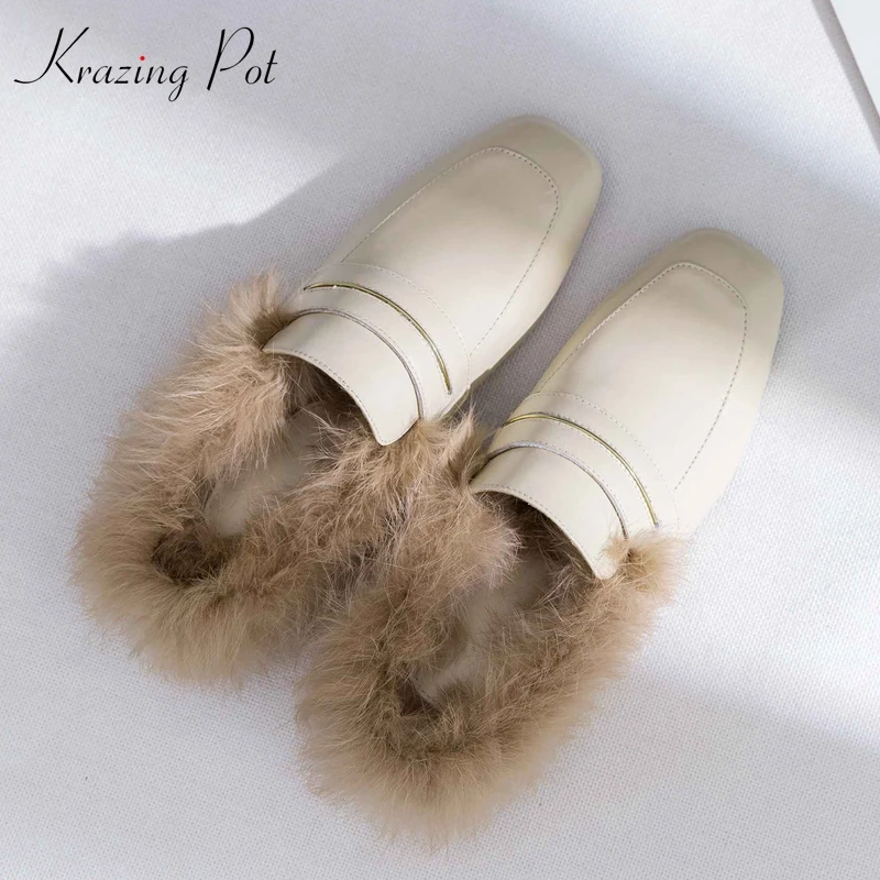 

Krazing Pot genuine leather brand shoes real rabbit fur thick low heels outside slippers dress lady metal decoration shoes l46