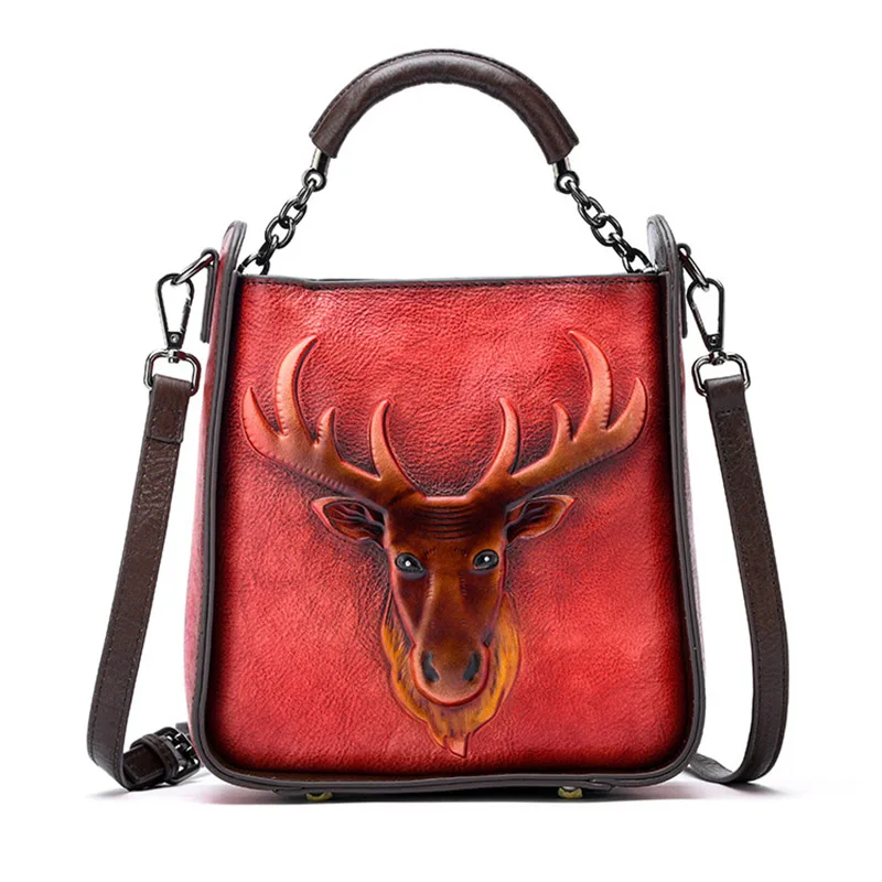 Высококачественная сумка через плечо из натуральной кожи с верхней ручкой в стиле ретро с рисунком оленя, женская сумка-тоут из натуральной кожи, сумки-мессенджеры на плечо - Цвет: Red
