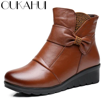 

OUKAHUI Autumn Winter Boots Women Genuine Leather Black Brown Wedges Flat Low Heel Leather Ladies Short Boots Side Zipper Boots