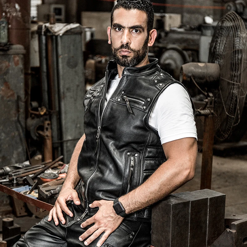 50% OFF For super Motor rider Mens high quality cow leather vest genuine cowhide leather motorcycle rider vest HA-97181