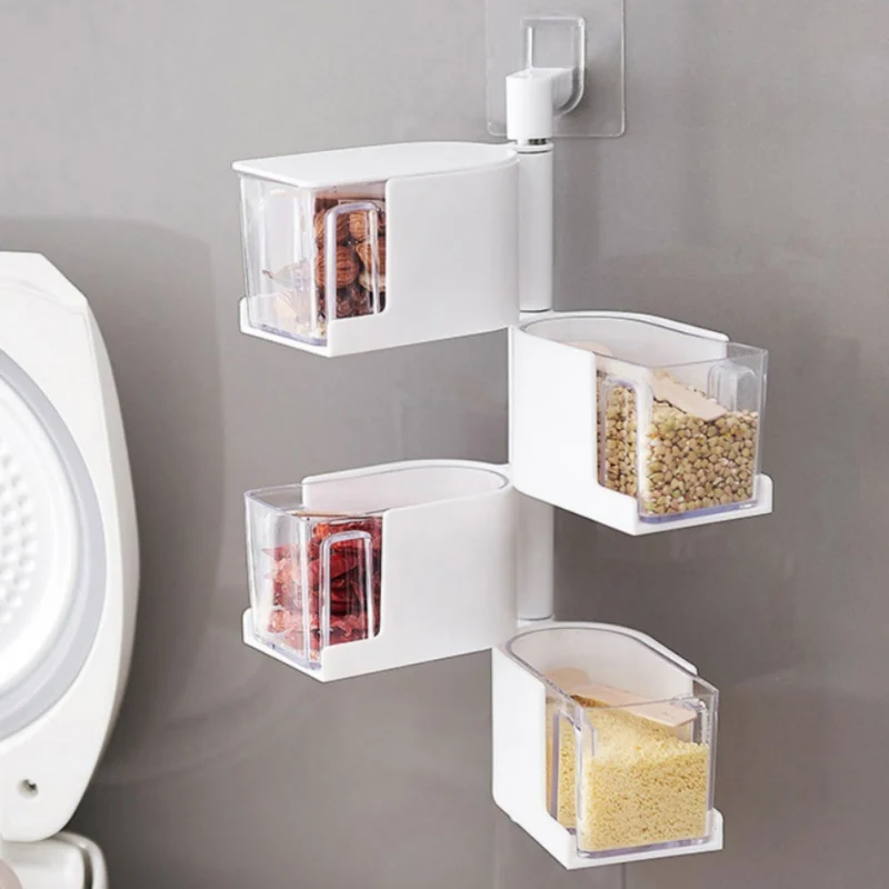 

Wall-mounted Rotating Seasoning Storage Box with Spoon Convenient Installation Vertical Storage Kitchen Container Supplies