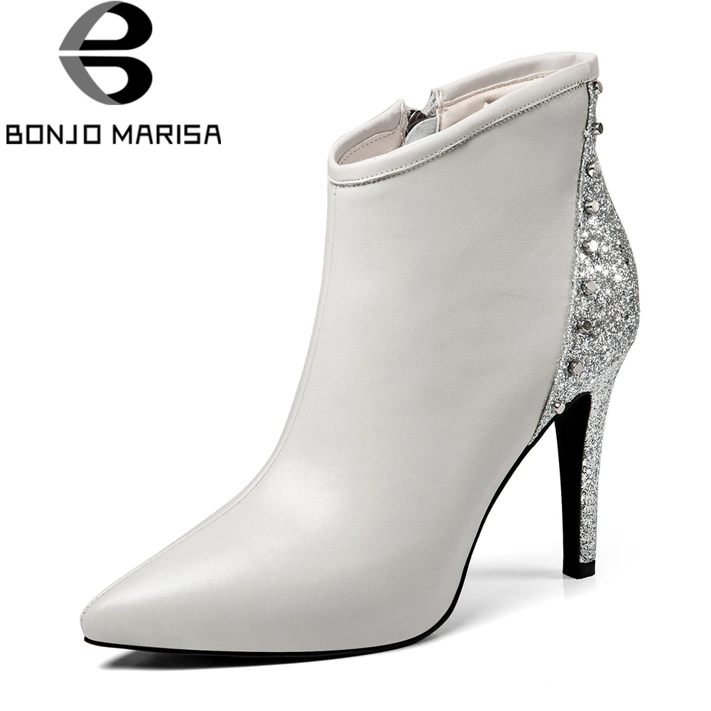 

BONJOMARISA 2019 Autumn New Genuine Leather Ankle Booties Women Mature Pointed Toe Boots Female Glitters High Heels Shoes Woman