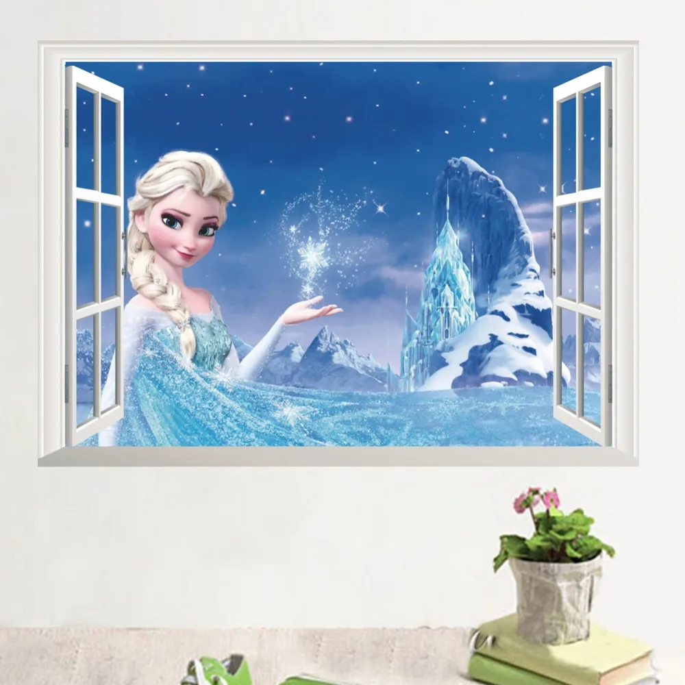 50*70 см Замороженный Эльза 3d трехмерные поддельные окна тв задний план стены стикеры для детского сада Дети наклейки игрушки