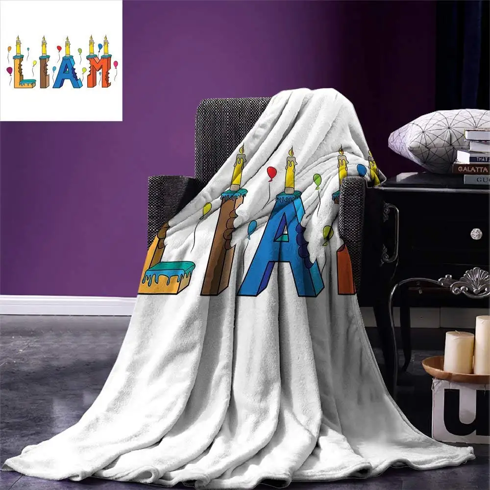 

Liam Throw Blanket English First Name in a Colorful Letter Style Cake Design with Bite Marks and Candles Flannel Blanket for Bed