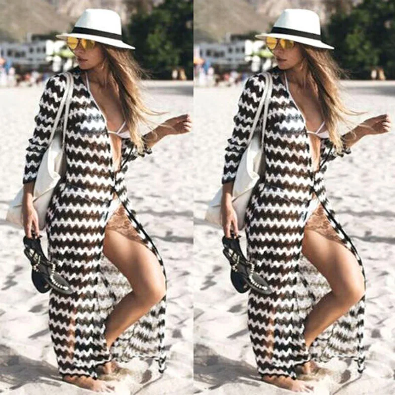 

2018 New Women Summer Cold Fashion Long Sleeve Beach Party Casual Long Maxi Chiffon Dress Swimwear Outwear Loose Dress