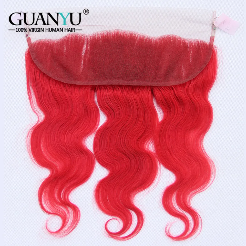 Guanyuhair темно-красный Волосы remy 3 Связки с 13x4 кружева Фронтальная застежка уха до уха Бразильский объемная волна натуральные волосы ткань