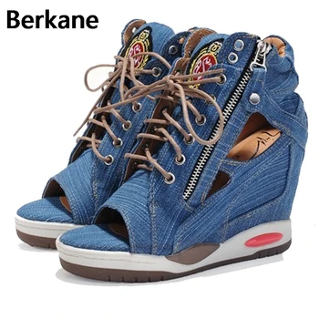 

Denim Canvas Gladiator Women's Sandals 2019 Side Zip Peep Toe Summer Fashion High Heel Wedges Female Shoes Ankle Zapatos Mujer