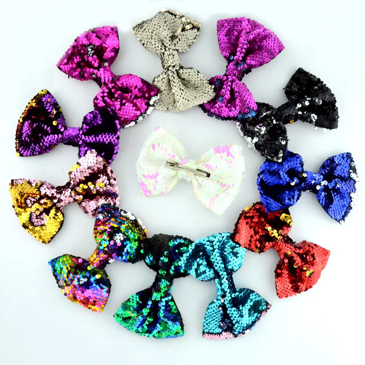 12 PCS/lot , 4.7" Mermaid Reversible Sequin Bow Hair Clips , Two Tone