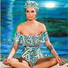 Сексуальный без бретелек Кружева мятного, зеленого цвета Волан Цельный купальник Племенной Тотем Печать с открытыми плечами Монокини купальник с рюшами для женщин