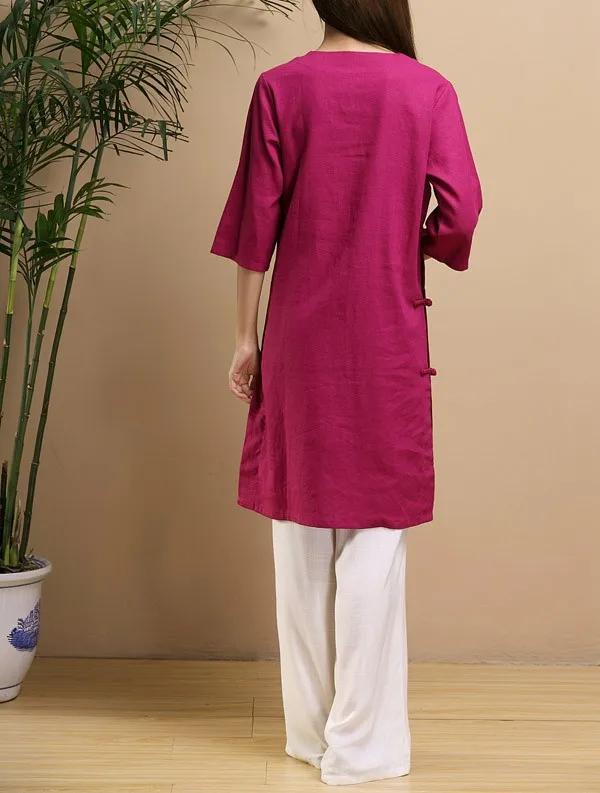 Женские летние блузки хлопок белье сплошной цвет семь четвертей рукав платье блузки Китайская древняя художественная рубашка D968