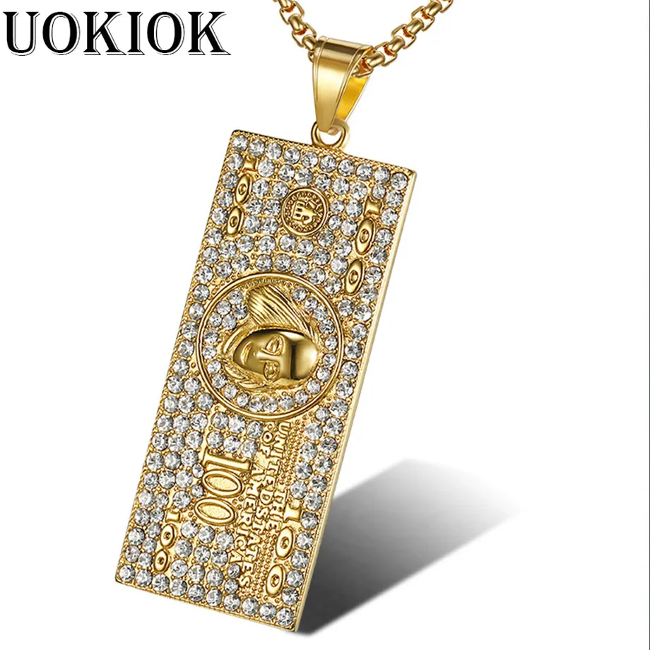 

Hip Hop Iced Out US Dollar Money Pendant & Chain Gold Color Stainless Steel American Jewelry Rapper Necklaces & Pendants