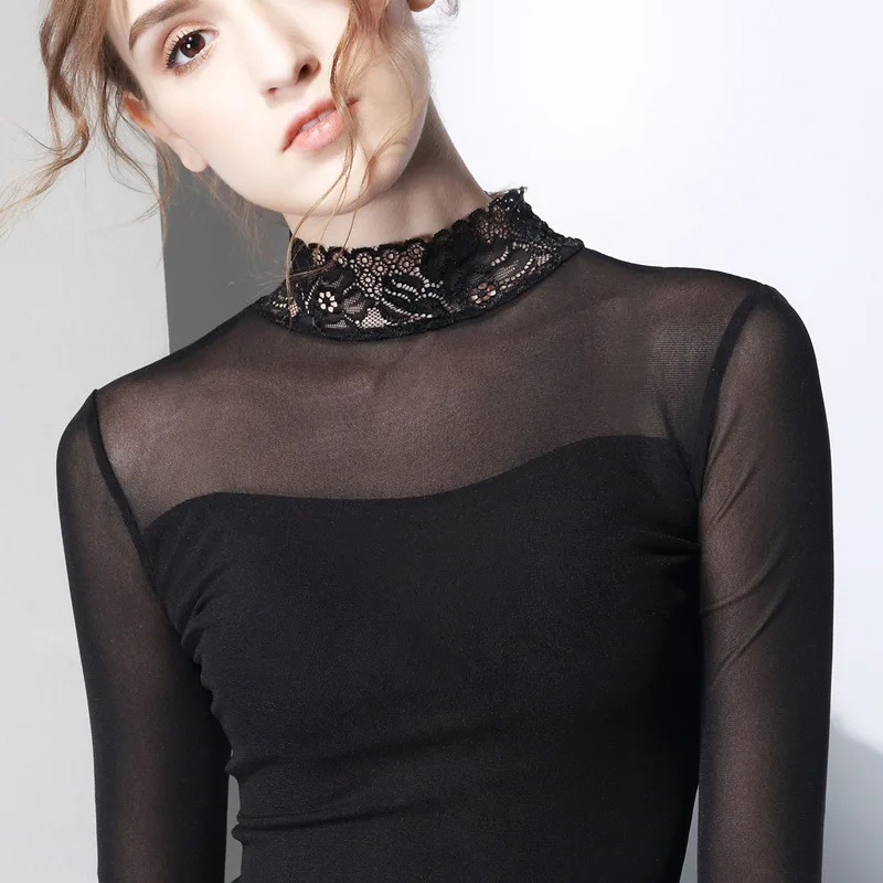 

Fashion Long Sleeve Turtleneck Slim Lace T Shirt Plus Size Women 2018 Autumn Winter Female New Casual T-shirts Tops