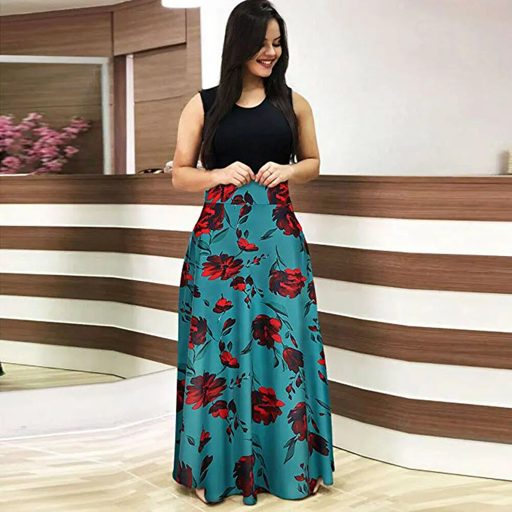 

New Style Women Casual Floral Dot Pattern Maxi Dress Lady Sleeveless Evening Party Summer Beach Long Dress