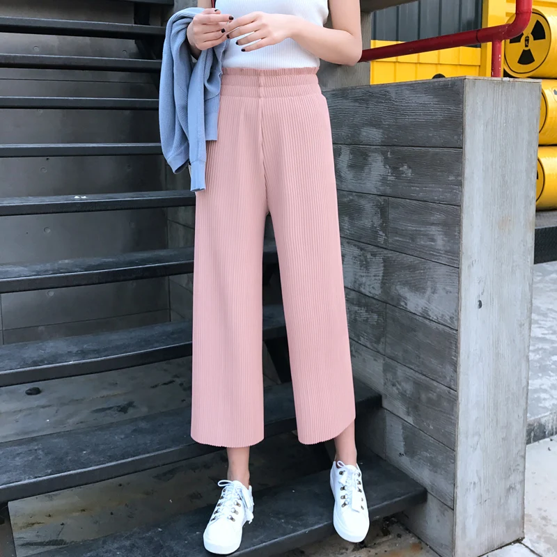 

2019 Spring Summer Fashion High Waist Wide Leg Pants Female Loose Casual Ankle length Pants Trouser For Women