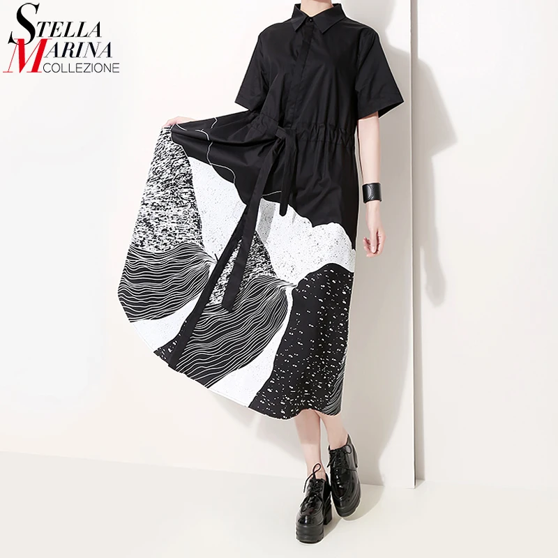  New 2019 Korean Style Summer Midi Black Dotted Shirt Dress Lapel A-Line Knee Length Lady Party Club