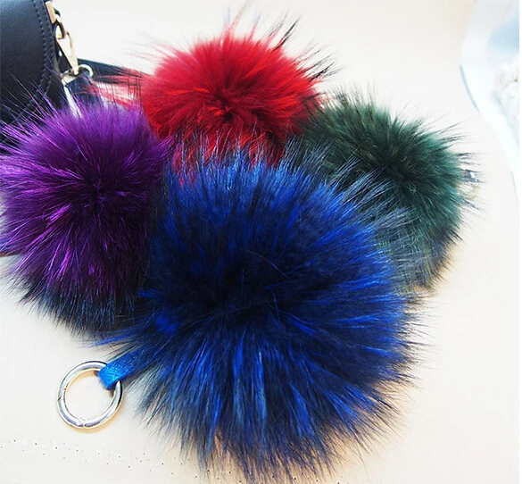 Free shipping 12cm Charm Fluffy fox Raccon fur ball pom poms key chains plush keychain car