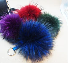 Free shipping 12cm Charm Fluffy fox  Raccon fur ball pom poms key chains plush keychain car key ring Bag Purse Pendant